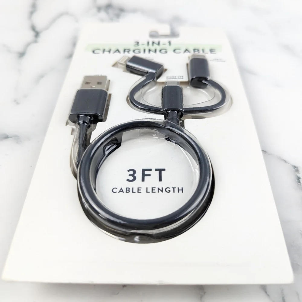 Vivitar Black 3 in 1 Charging Cable USB-C Micro USB 8 Pin Connector 3' Long